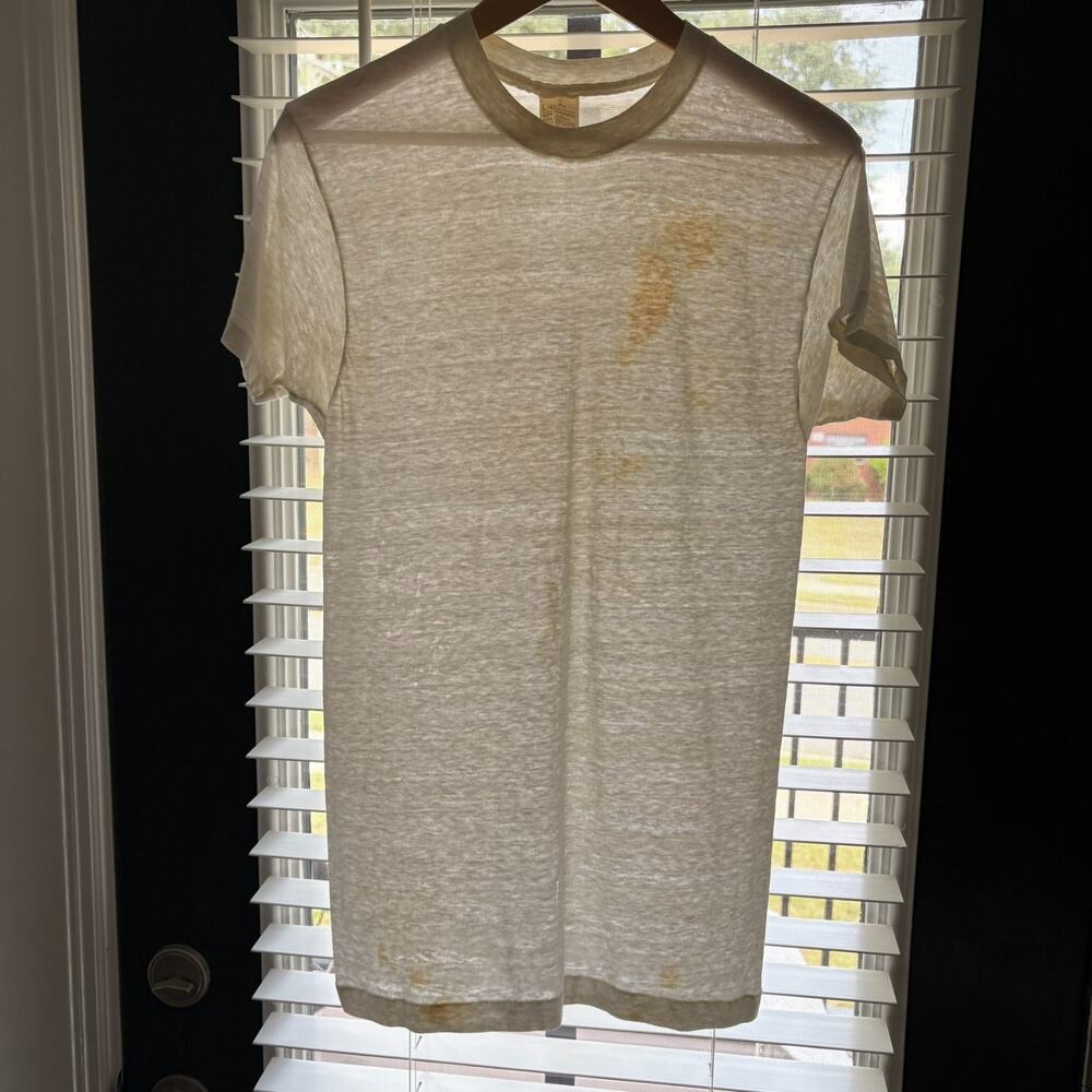 Vintage 1970s Paper Thin Burnout T-Shirt Men's Size S White WORN Patina 16.5x29